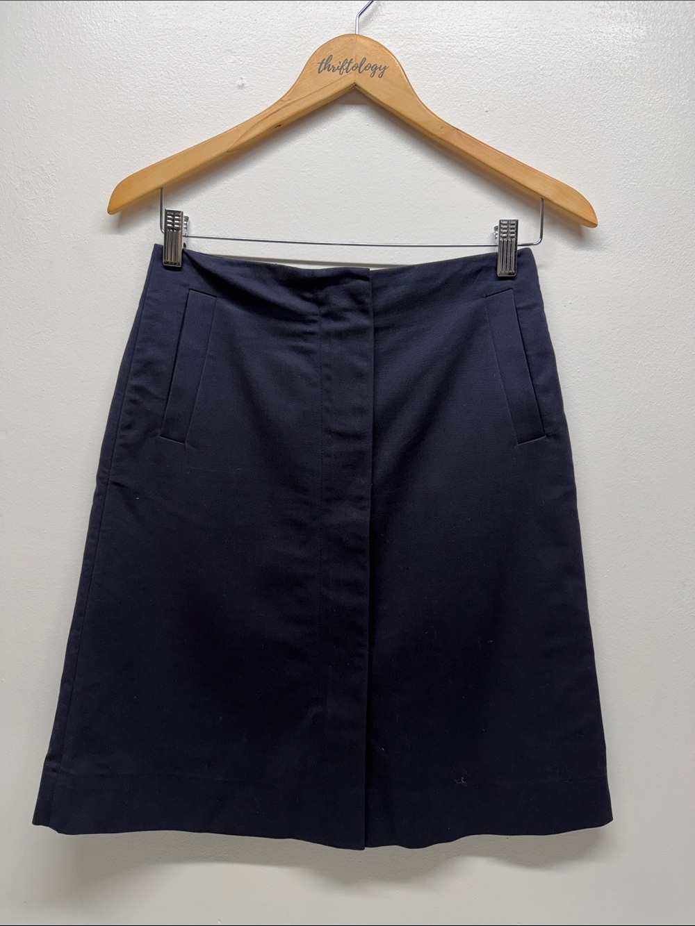 Cos Skirt A Line Midi Knee Length Full Front Zipper Pockets Cotton Navy Small